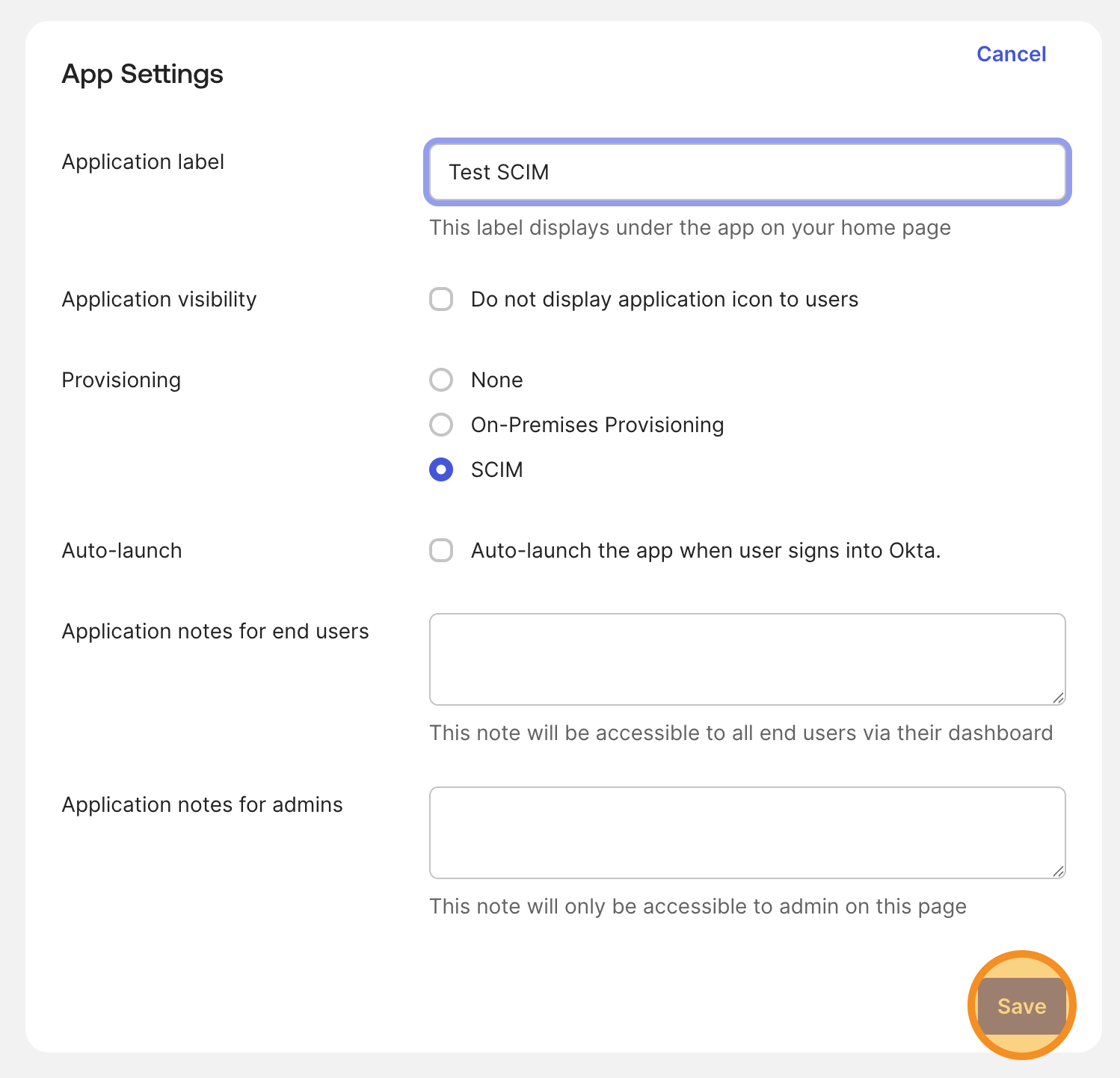 Set provisioning mode to SCIM in the Okta application settings