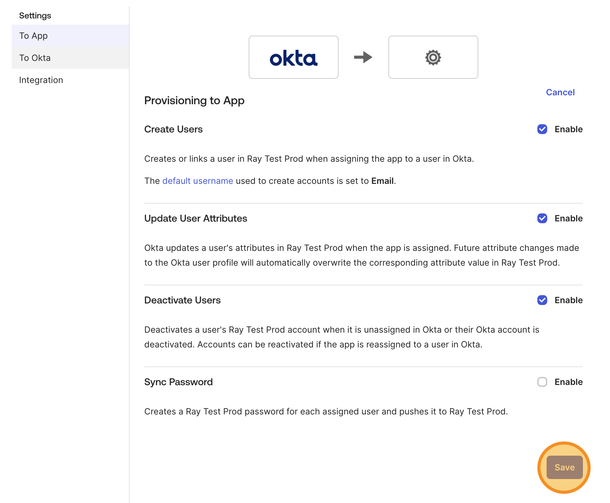 Save the provisioning settings and return to the Sign On tab